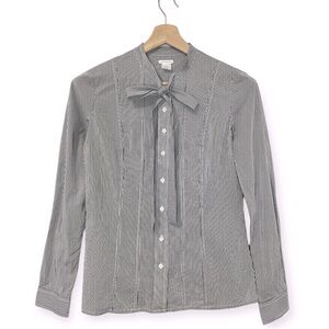 Club Monaco Tie Neck Button D Gray White Striped Top Blouse Shirt Size Small S